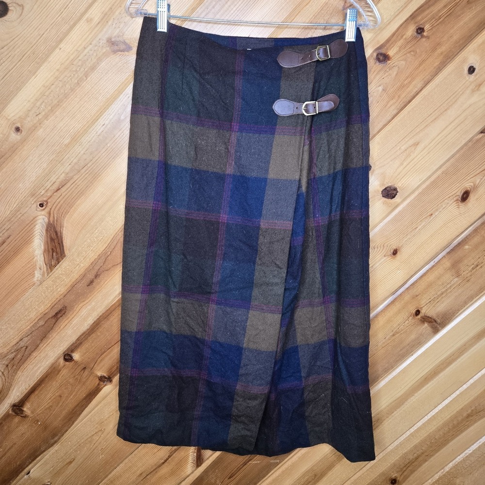 Vtg Talbots 100% Wool Tartan Plaid Wrap Midi Skirt Leather‎ Strap Size 10